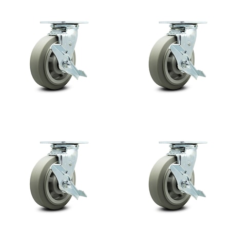 Service Caster 6 Inch Thermoplastic Rubber Caster Set with Roller Bearing and Brake/Swivel Lock SCC-30CS620-TPRRF-TLB-BSL-4